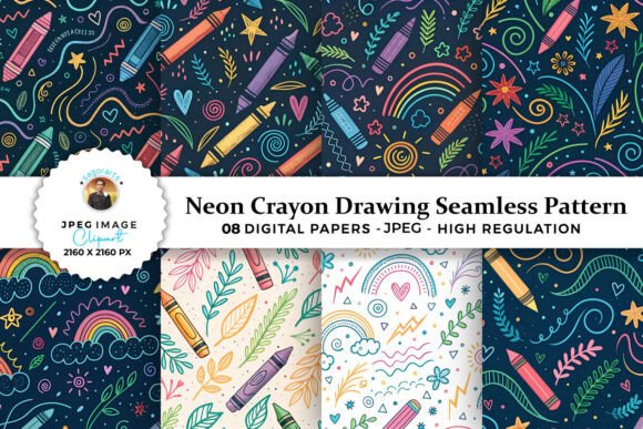 Download Neon Crayon Drawing Seamless Patterns - Premium Bundle